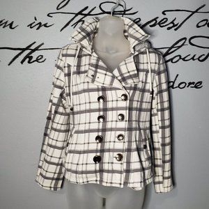 Sebby Plaid Fleece Double Breast Peacoat w/Hood, S
